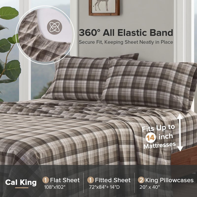 Woolrich John Rich & Bros. Woolrich Cotton Sheet Set Cottage Charms Print, 100% Cotton Flannel Sheets Warm & Fuzzy Bedding Set Cal King Size Sheets, Fitted Pocket Fits Up to 14" Mattress, Cal King Brown Plaid, 4 Piece - Image 5